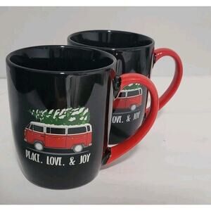 2 Pc. VW Bus Holiday Mug Peace, Love, & Joy Volkswagen-Black Red-Christmas EUC